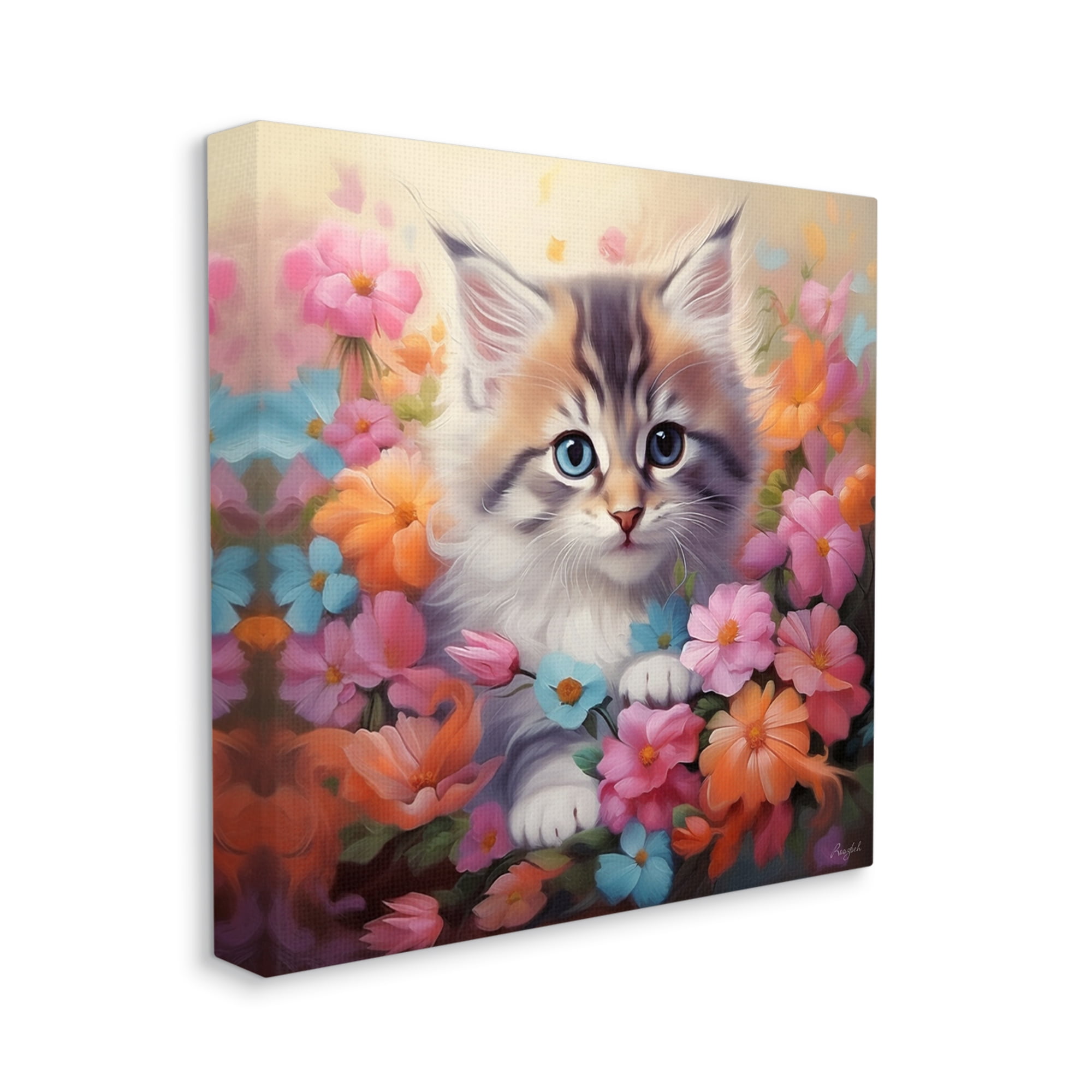 Stupell Industries Kitten in Flower Meadow Animals & Insects Painting Gallery Wrapped Canvas Art Print Wall Art, 17 x 17