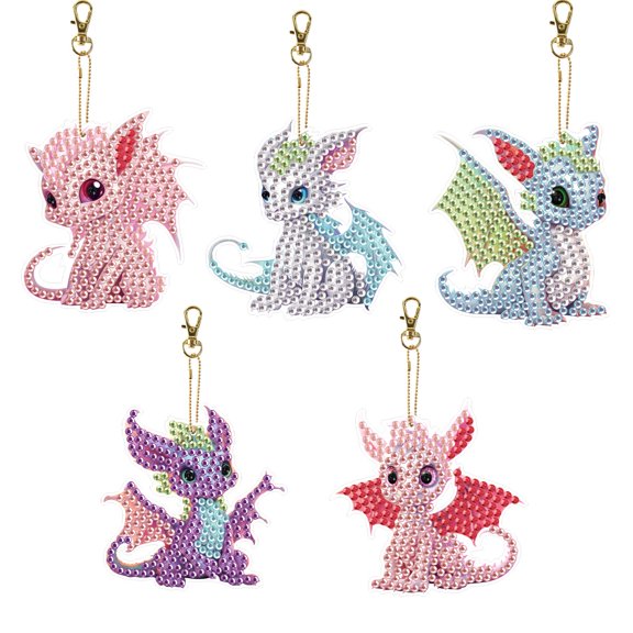 5pcs Diamond Painting Keychain Kit, Pink Dinosaur DIY 5D Sparkling Rhinestone Pendant Craft Kit, Perfect for Bags, Keys, or Gift Making