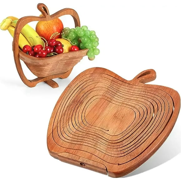 Generic Elegant Folding Wooden Fruit Basket The Apple Shape Bamboo Tray, Converts to Bowl for Birthday holiday, woody