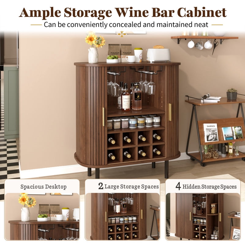 28" Fluted Wine Bar Cabinet – 8-Bottle Wine Rack, 5-Level Adjustable Shelves, 2 Glass Holders, Sliding Tambour Doors, 4 Hidden Side Compartments, Modern Liquor Coffee Station