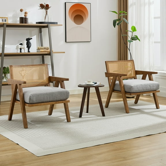 Mid Century Modern Accent Chair with Rattan Backrest & Thick Linen Cushion,Wood Frame, Upholstered Living Room Chairs Reading Armchair for Bedroom Sunroom