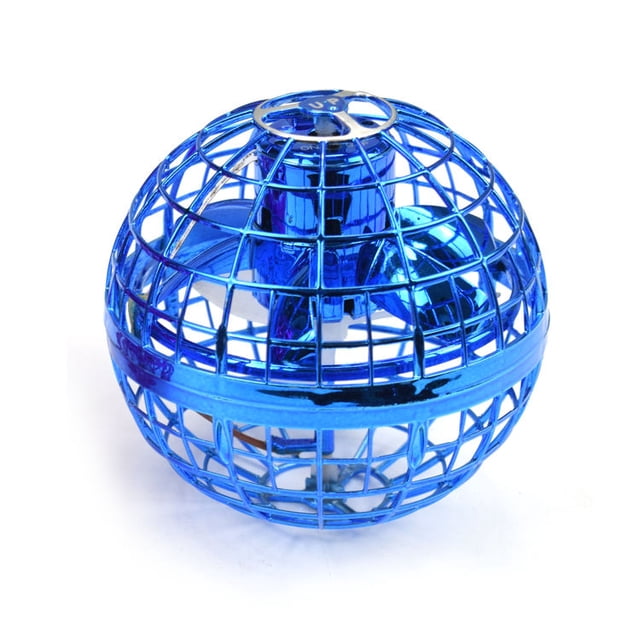 flying orb ball toys cosmic globe boomerang hover ball galactic hand drone orbit magic cool stuff cumpleaños para niños (azul) Orbe volador azul metálico con jaula protectora esférica y hélices internas visibles, vista frontal centrada; LED interior para efectos nocturnos, control manual, recargable por USB y apto para juegos en interiores, exteriores y fiestas.