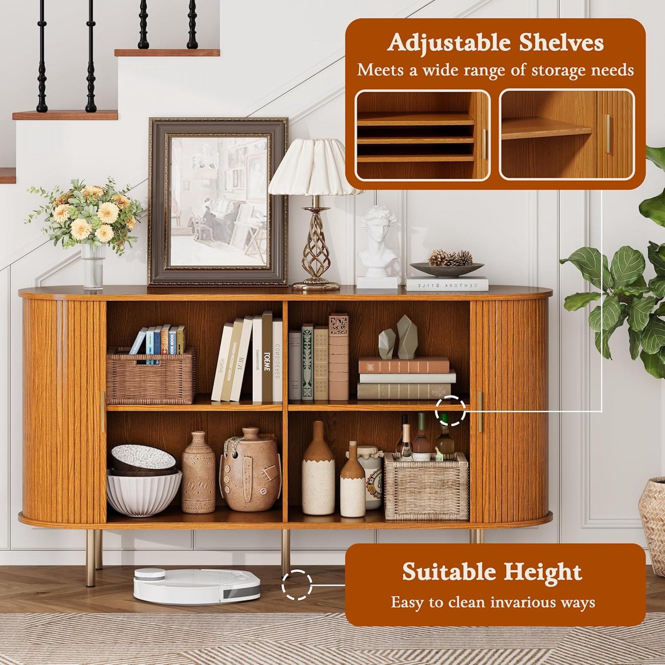 Aisword Sideboard Buffet Cabinet with Storage,Mid Century Modern Fluted Accent Coffee Bar Console Table,Tambour Sliding Doors& Adjustable Shelf for Kitchen, Living Room, Entryway, 55 Inch Yellow