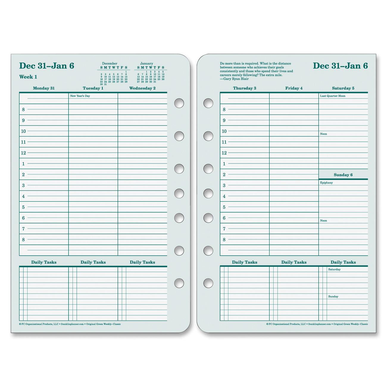 Franklin Covey Green Original Weekly Refills