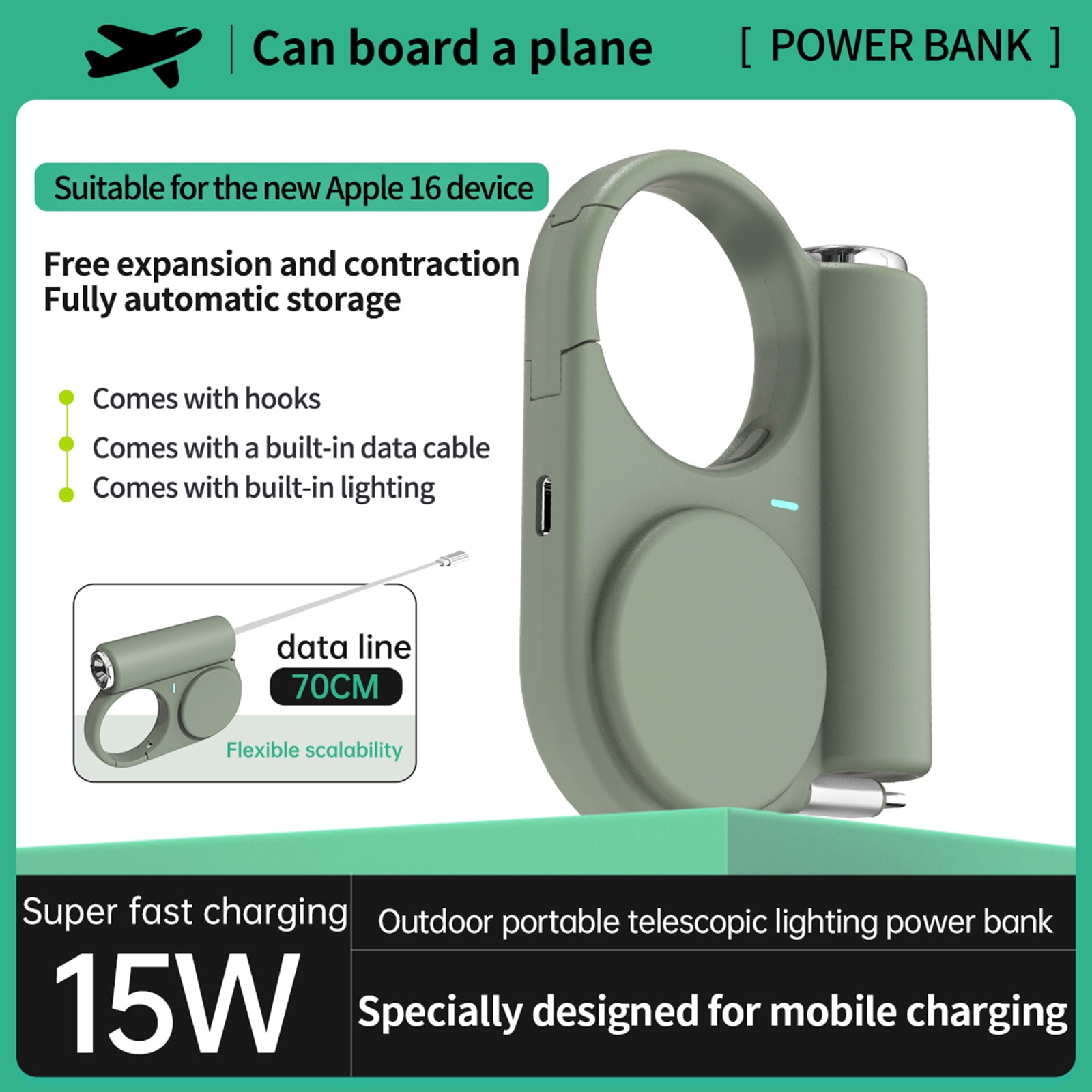 Outdoor Charging Adapter 5000mAh Power Supply Retractable Cable LED Light and Clip for Hiking and Travel