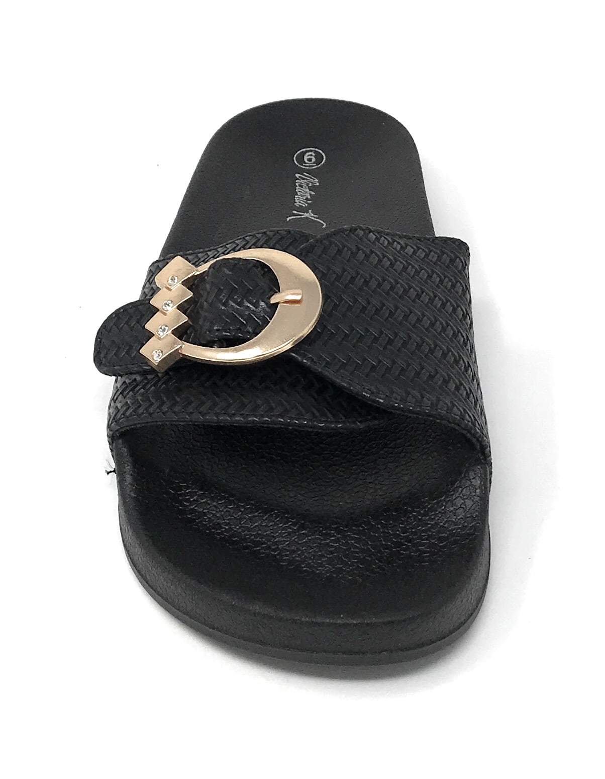 Victoria K Women's Weaved Texture Gold Buckle Slider Sandals