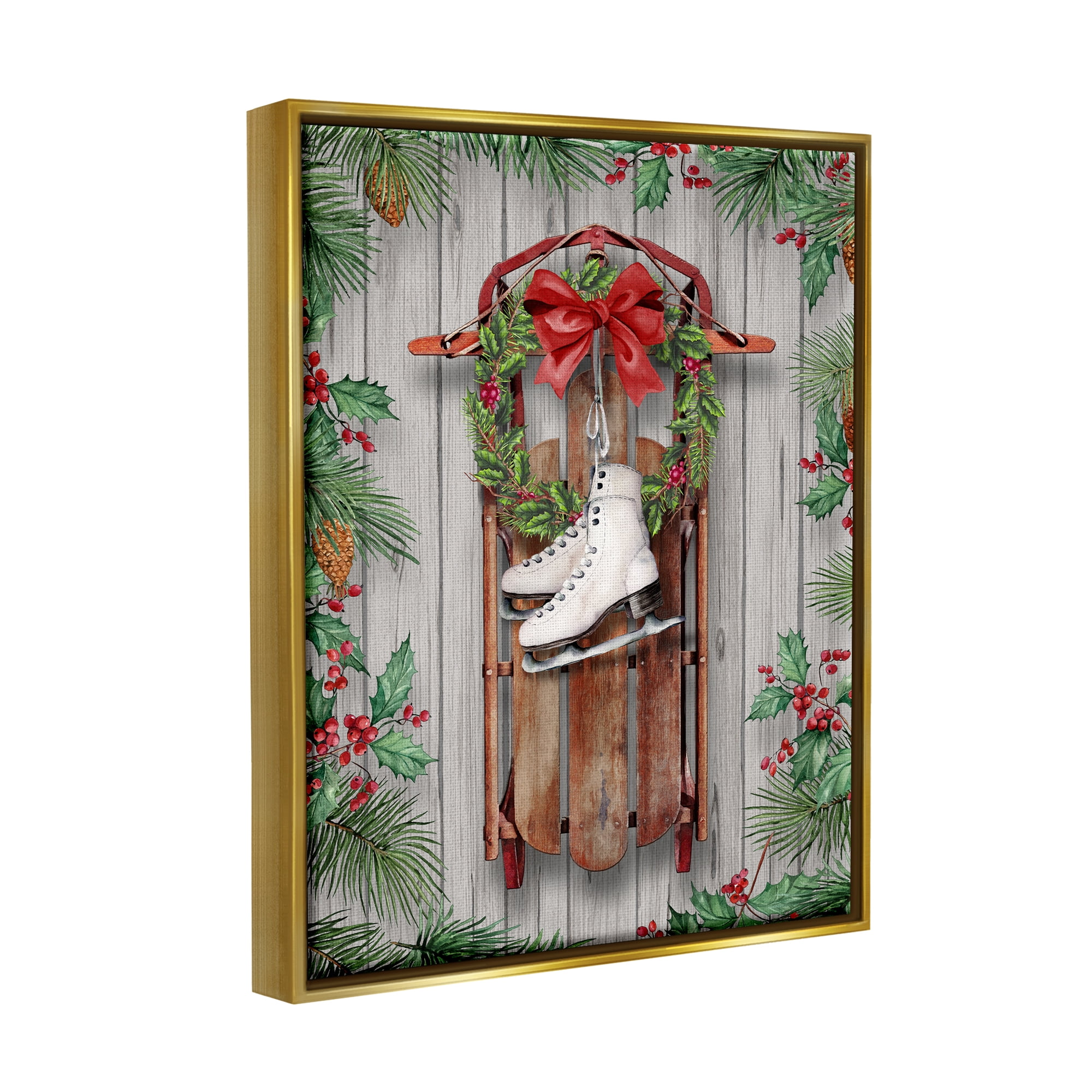 Stupell Industries Winter Ice Skates & Sled Holiday Painting Gold Floater Framed Canvas Art Print Wall Art, 17 x 21