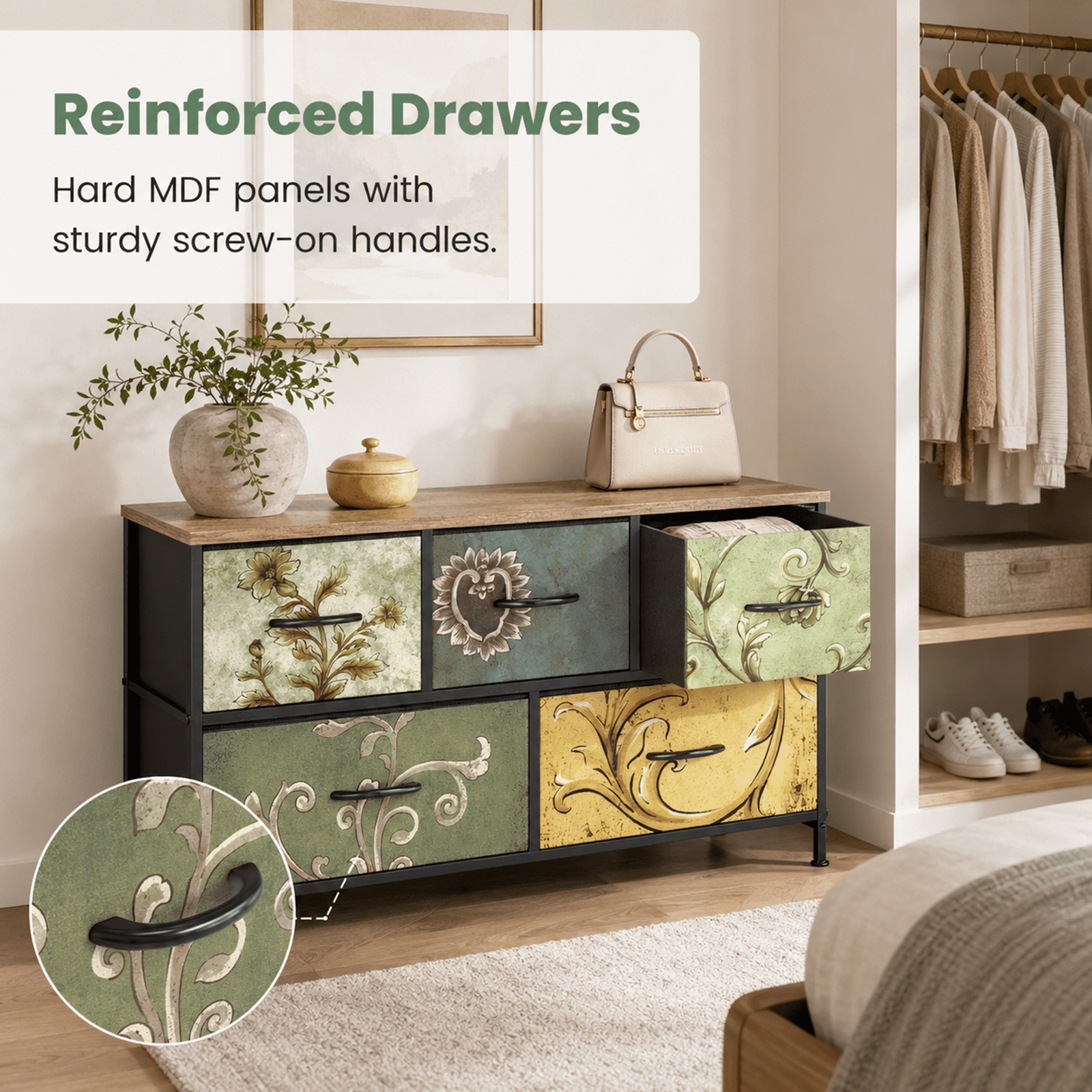 Alvantor 4/5/7/8/9-Drawer Dresser, Fabric Storage Tower for Bedroom, Hallway, Entryway, Closet, Tall Chest Organizer Unit with Fabric Bins, Steel Frame, Wood Top, Easy Pull Handle, Floral Painted
