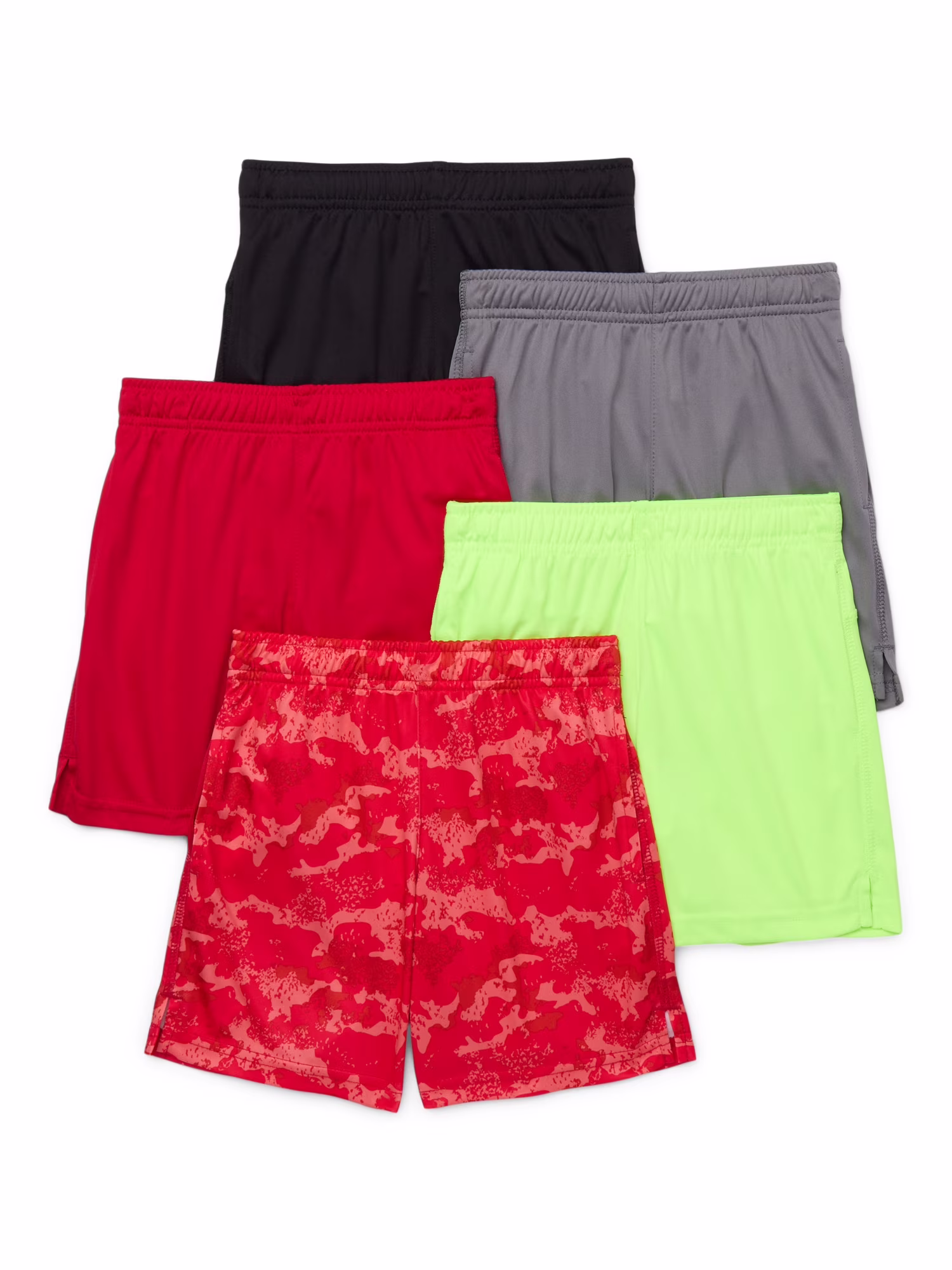 RICH BLACK / SOOTHING GREY / VOLTAGE GREEN / BRILLIANT RED / BRILLIANT RED AOP, variant on Athletic Works Boy's Performance Shorts, 5-Pack, Sizes 4-18 & Husky