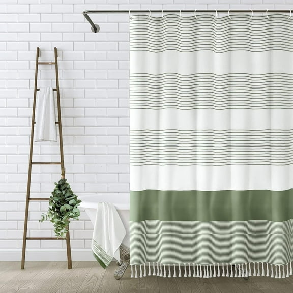 Psoiuetr Boho Sage Green Shower Curtain for Bathroom Stripe Tassel Fabric Shower Curtain 72 X 72 Inches Farmhouse Linen
