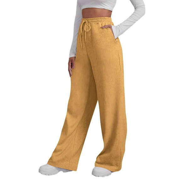Jalioing Casual Athletic Trousers for Women Solid Wide Leg Drawstring Sweatpants High Waist Sport Pants with Pocket