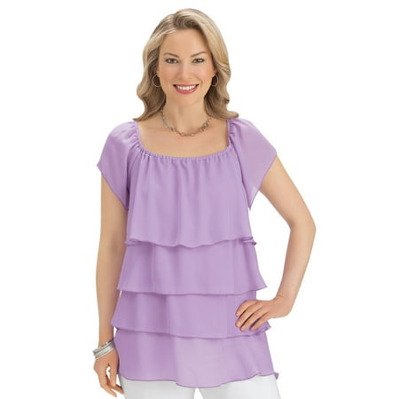 Layered Ruffle Blouse women's chiffon tiered layered ruffle flowy short sleeve blouse top, x-large, aqua ()