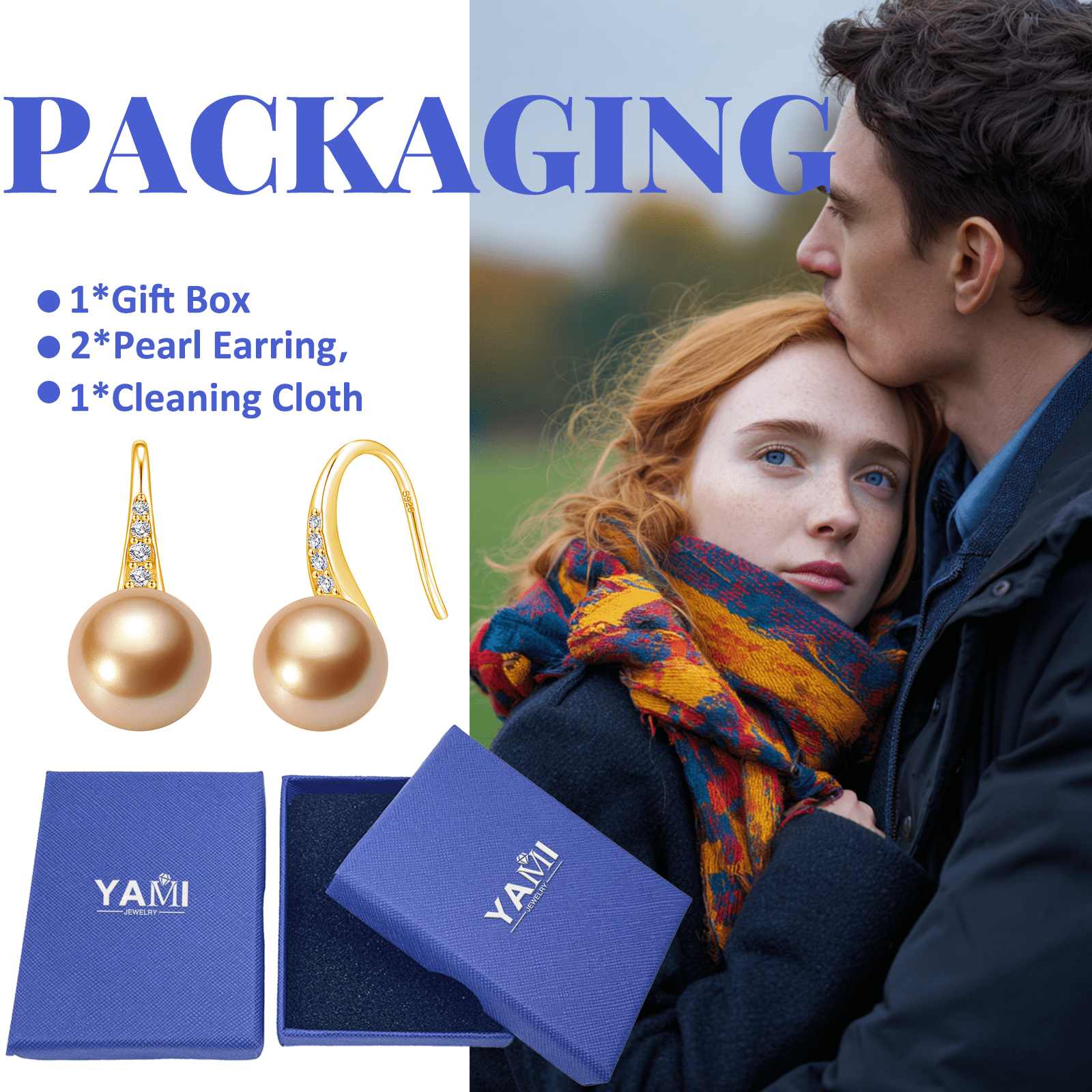 YAMI 7.5-8mm Golden Pearl Earrings, 925 Sterling Silver Drop Dangle Earrings with CZ, Cultured Pearl Jewelry Gift for Women