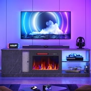 Pinmoco Electric Fireplace TV Stand for TVs up to 70", LED Entertainment Center With Cabinet & Shelves, TV Media Console Table for Living Room, Bedroom, Black Marble