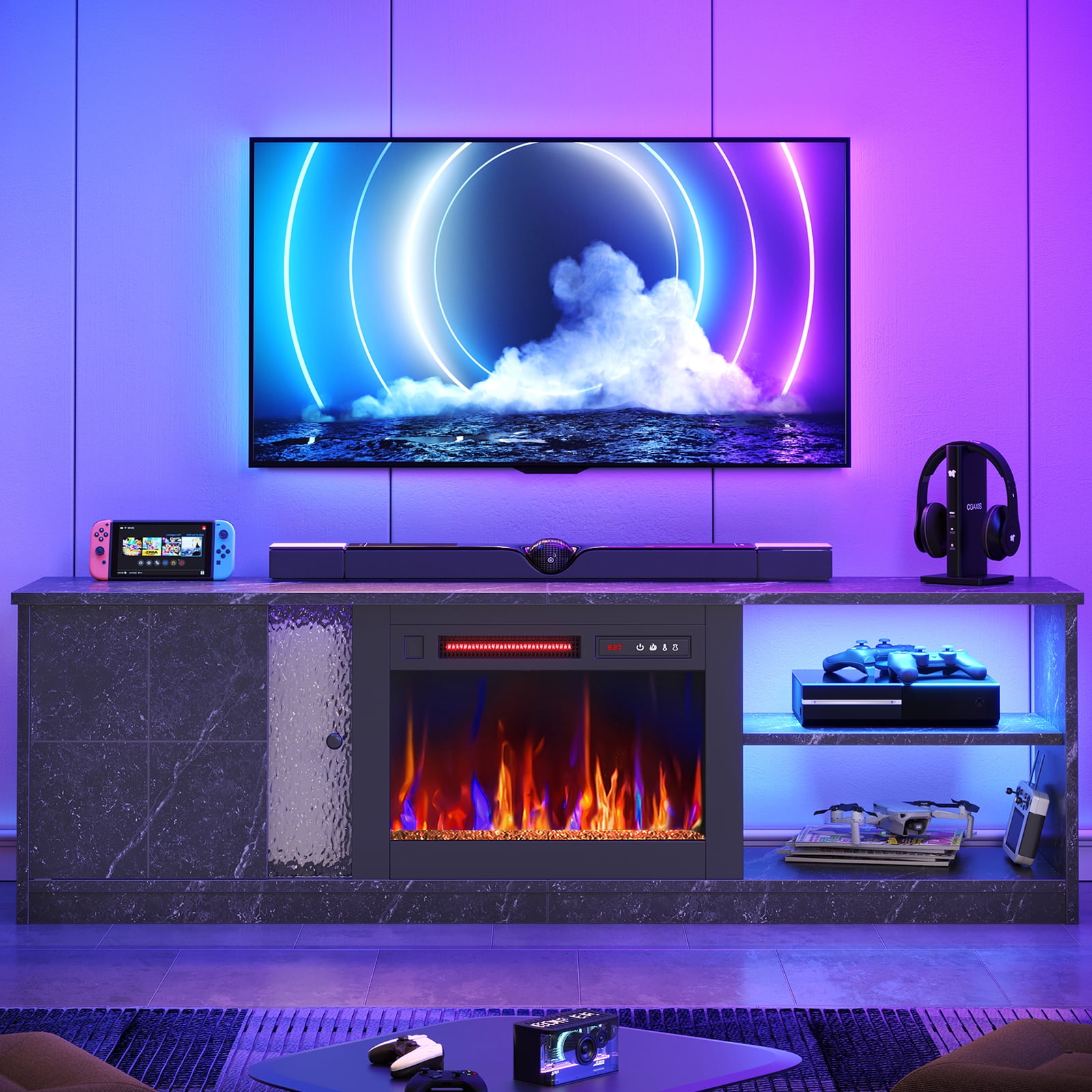 Pinmoco Electric Fireplace TV Stand for TVs up to 70", LED Entertainment Center With Cabinet & Shelves, TV Media Console Table for Living Room, Bedroom, Black Marble
