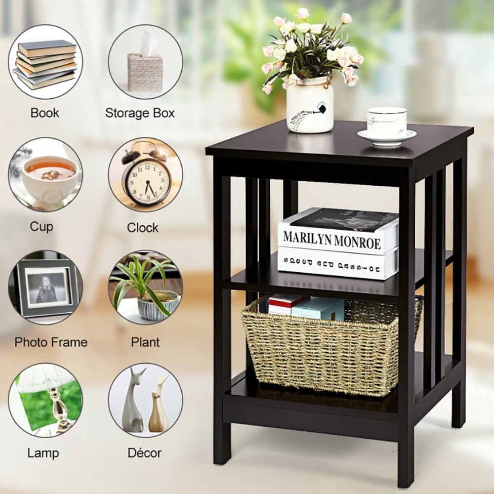 Finihen Side Table, 3-Tier Nightstand Sofa Side Table with Baffles and Round Corners, Bed Side Tables, for Living Room, Bedroom, Dark Brown