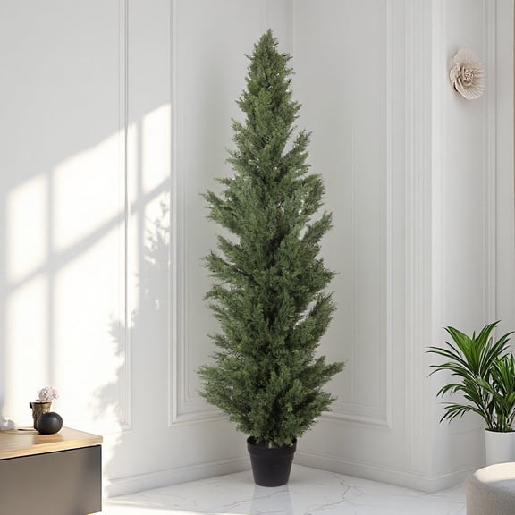71" Artificial Cypress Tree, UV Resistant Faux Topiary with Black Plastic Pot - Low Maintenance Fake Evergreen for Indoor/Outdoor Decor