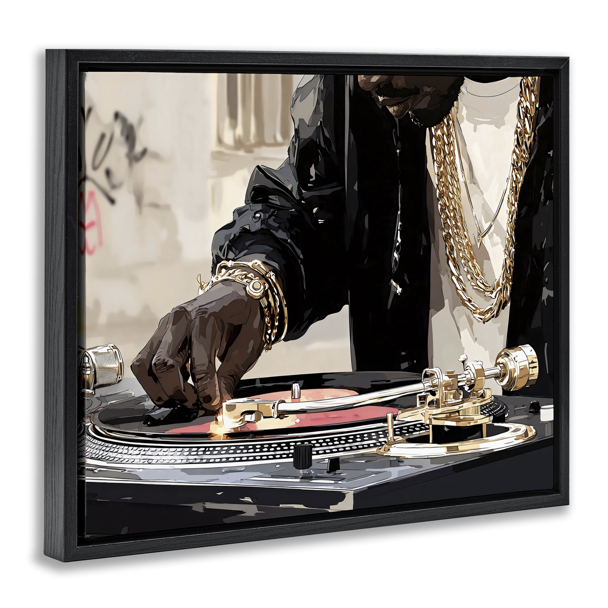 Stupell Industries Golden Touch on DJ's Turntable Black Framed Floater Canvas Wall Art, design by Franklyn Gregory