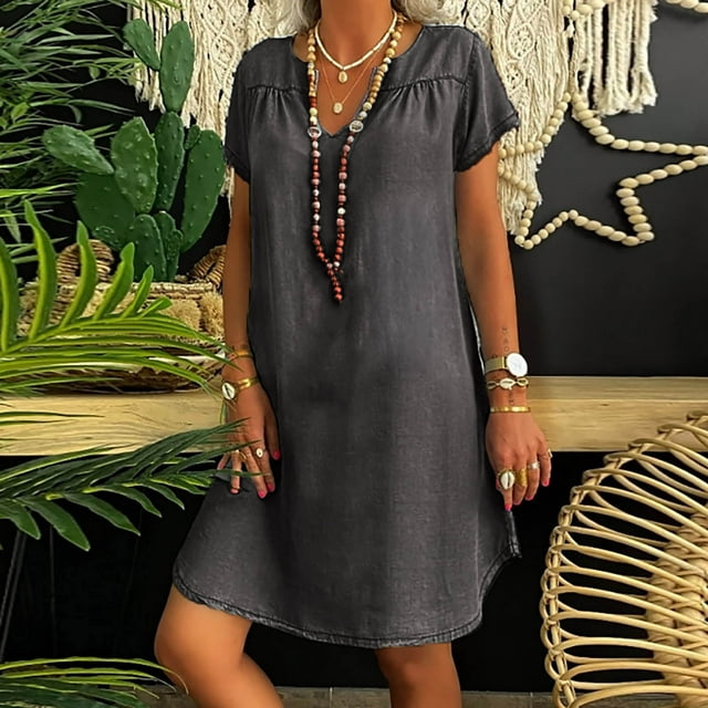 Mefallenssiah Mode Femmes Décontracté Sexy Col en V Robes Unies Été Manches Courtes Robe Pull