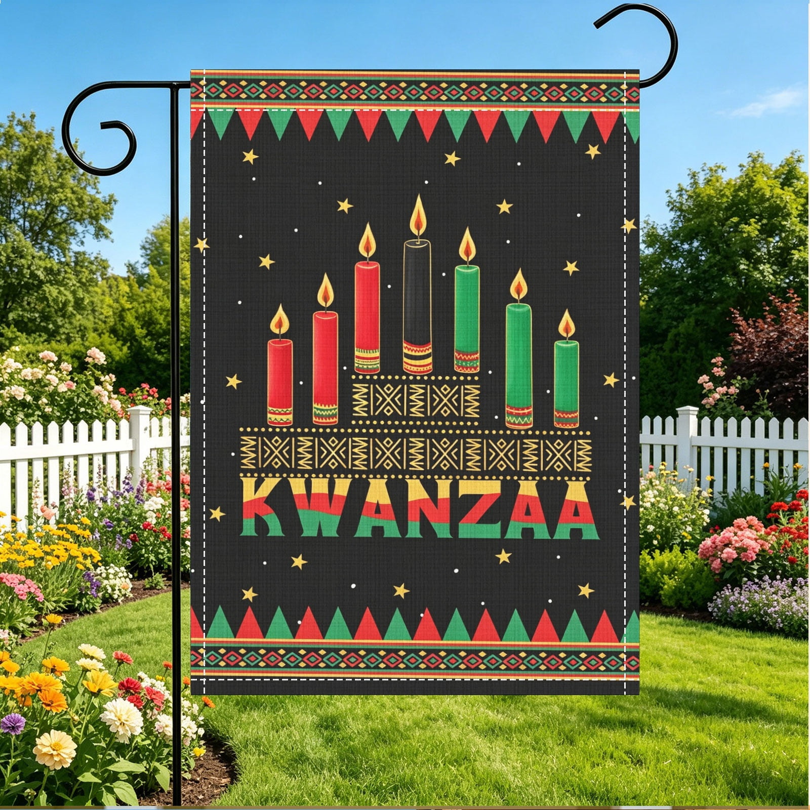 Kwanzaa Geometric Star Garden Flag, Outdoor Lawn Cultural Holiday Decor, Thanksgiving Christmas Gift