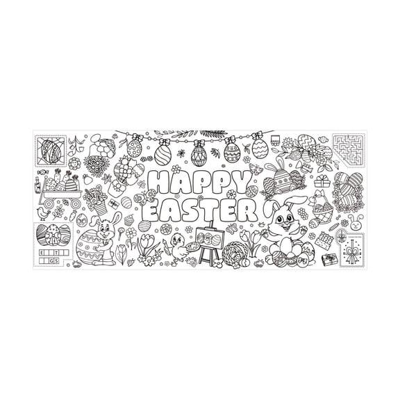Easter Coloring Poster Tablecloth for Kids – Disposable Holiday Party Paper Table Cover with Fun Bunny & Egg Designs (30" x 72")