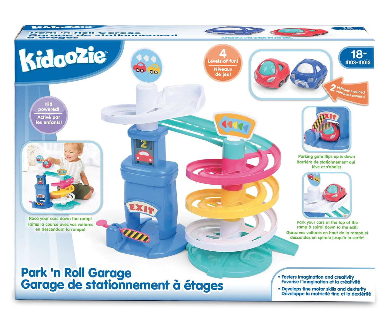 kidobles Kidoozie, Park 'n Roll Garage, 4-Story Spiral Ramp Playset, 18+