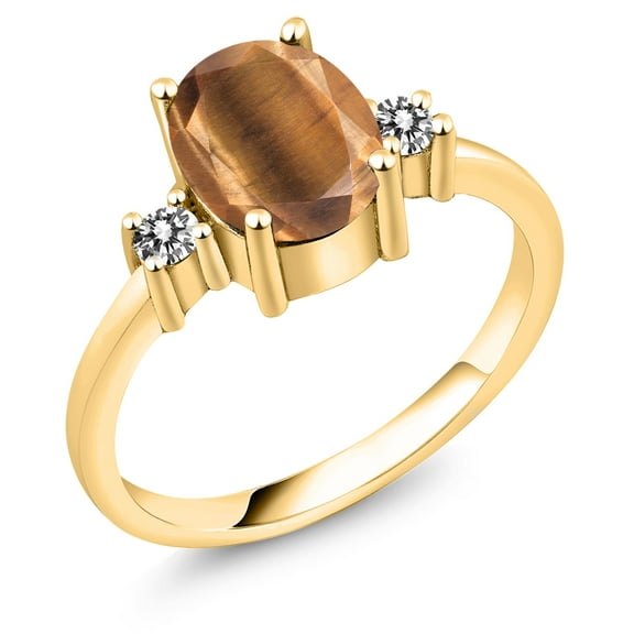 Gem Stone King 1.63 Ct Oval Brown Tiger Eye White Diamond 18K Yellow Gold Plated Silver Ring (Size 9)