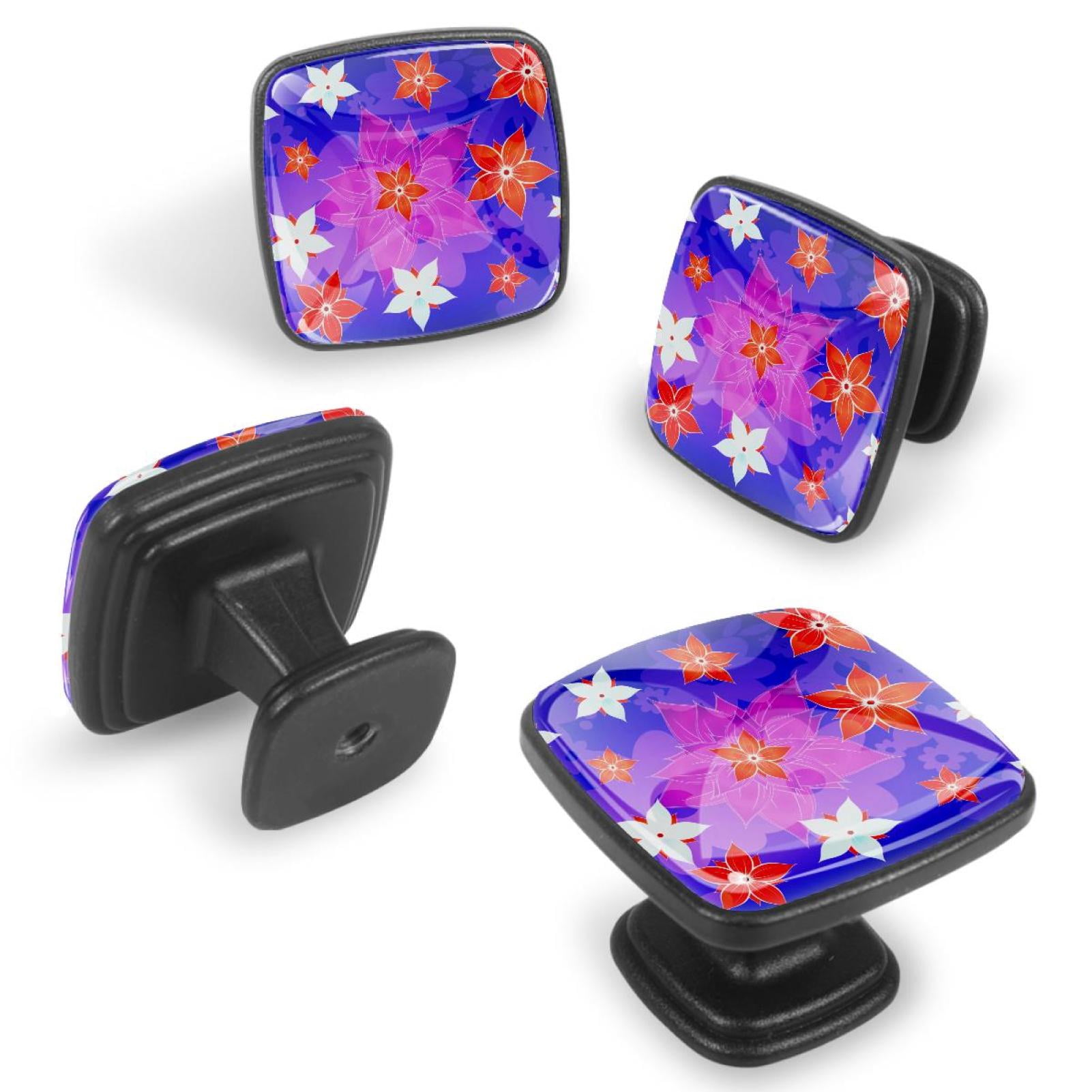 4 Pcs Cabinet Handle Drawer Pulls Blue Floral Flower Knobs with Screws Square Furniture Office Cabinet Knob Decoration