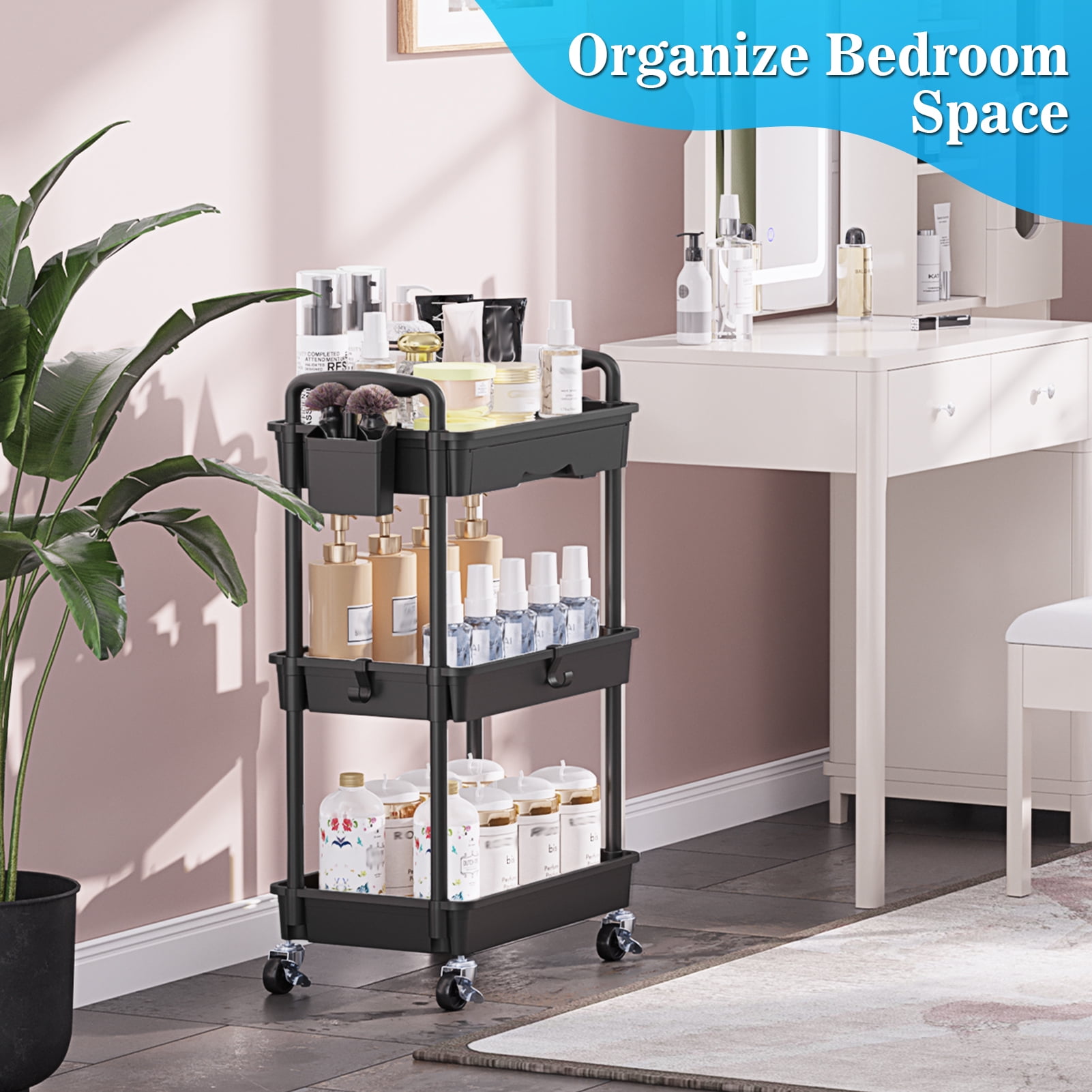 3 Tier Rolling Utility Cart with Removable Drawer, Bathroom Storage Organizer with 2 Lockable Wheels, Mobile Shelving Unit for Kitchen, Office, Snack, Craft, Makeup, Baby Essentials, Black