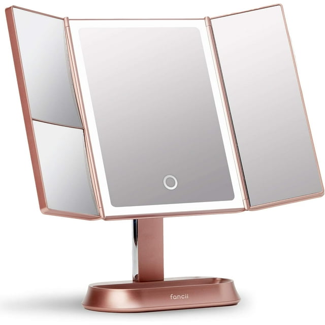 Makeup Mirror with Natural LED Lights Lighted Trifold Vanity Mirror with X & X Magnifications Dimmable Lights Touch Screen Cosmetic Stand Sora (Rose Gold)