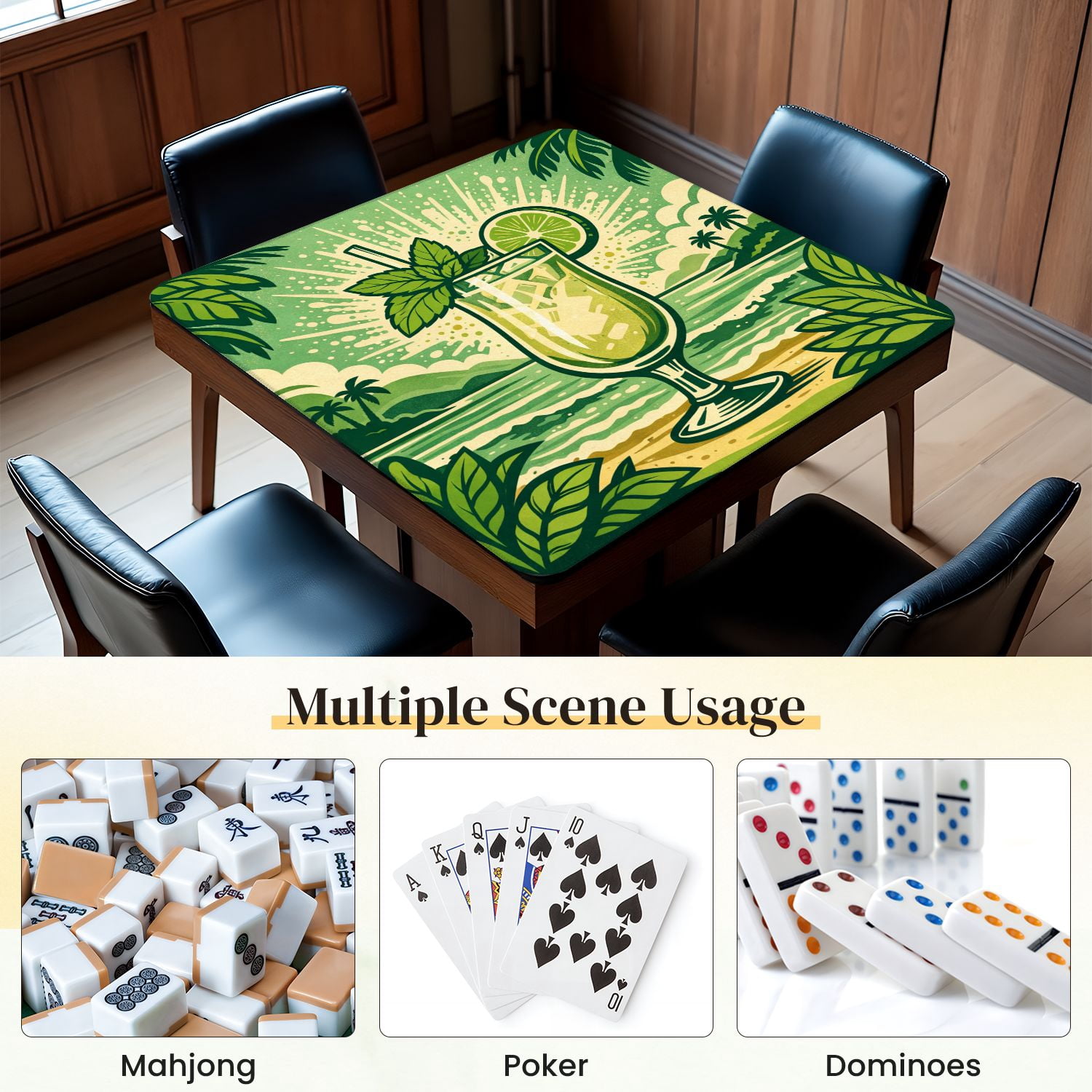 Mahjong Mat 31.5" x 31.5" Tropical Mojito Cocktail Mint Lime Beachfront Non-Slip Noise Reduction Mahjong Tiles Table Cover for Dominoes Poker Card Board and Tile Games