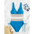 thumbnail image 3 of Women Tummy Control Swimsuits Color Block Two Piece Drawstring Bathing Suit Sky Blue M, 3 of 7