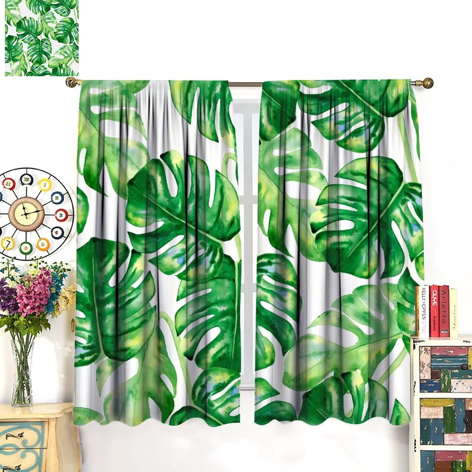Tropical Green Plant Curtain Watercolor Botanical Banana Leaf Blackout Print Rod Pocket Window Drapes for Bedroom Living Room 42x54in