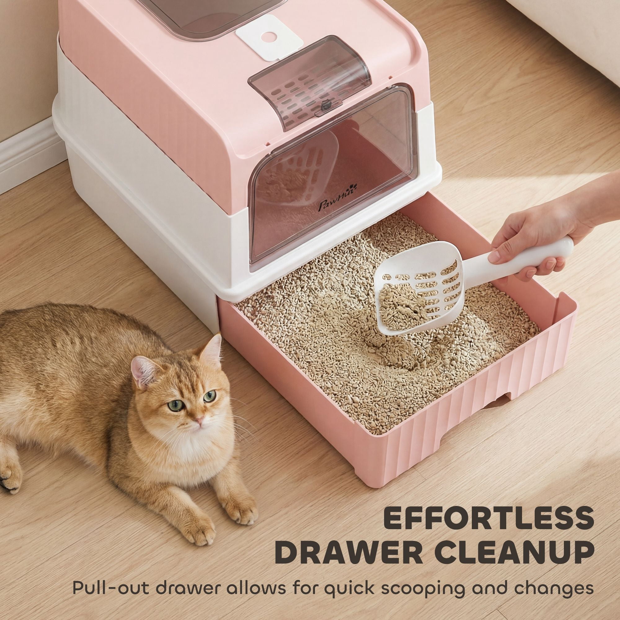 Front Entry Top Exit Enclosed Cat Litter Box with Pull Out Drawer, Litter Tracking Grate, Dual Odor Control Charcoal Slots, Includes Scoop for Cats Up to 9lbs