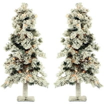 Fraser Hill Farm 6.0-Ft Snowy Alpine Snow Flocked Christmas Tree with Lifelike Trunk Base and Clear Lights, Set of 2