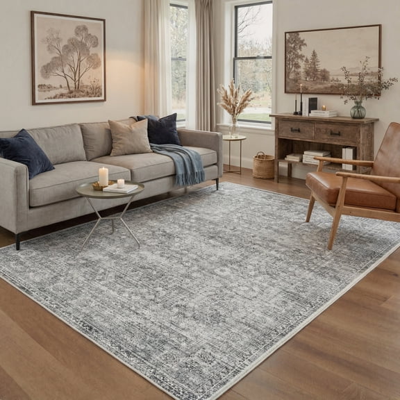 KUETH 8X10 Vintage Area Rugs Machine Washable Rugs for Living Room, Non Slip Flat Pile Rug with Rubber Backing, Persian Rug for Entryway Bedroom Dining Room Home Office