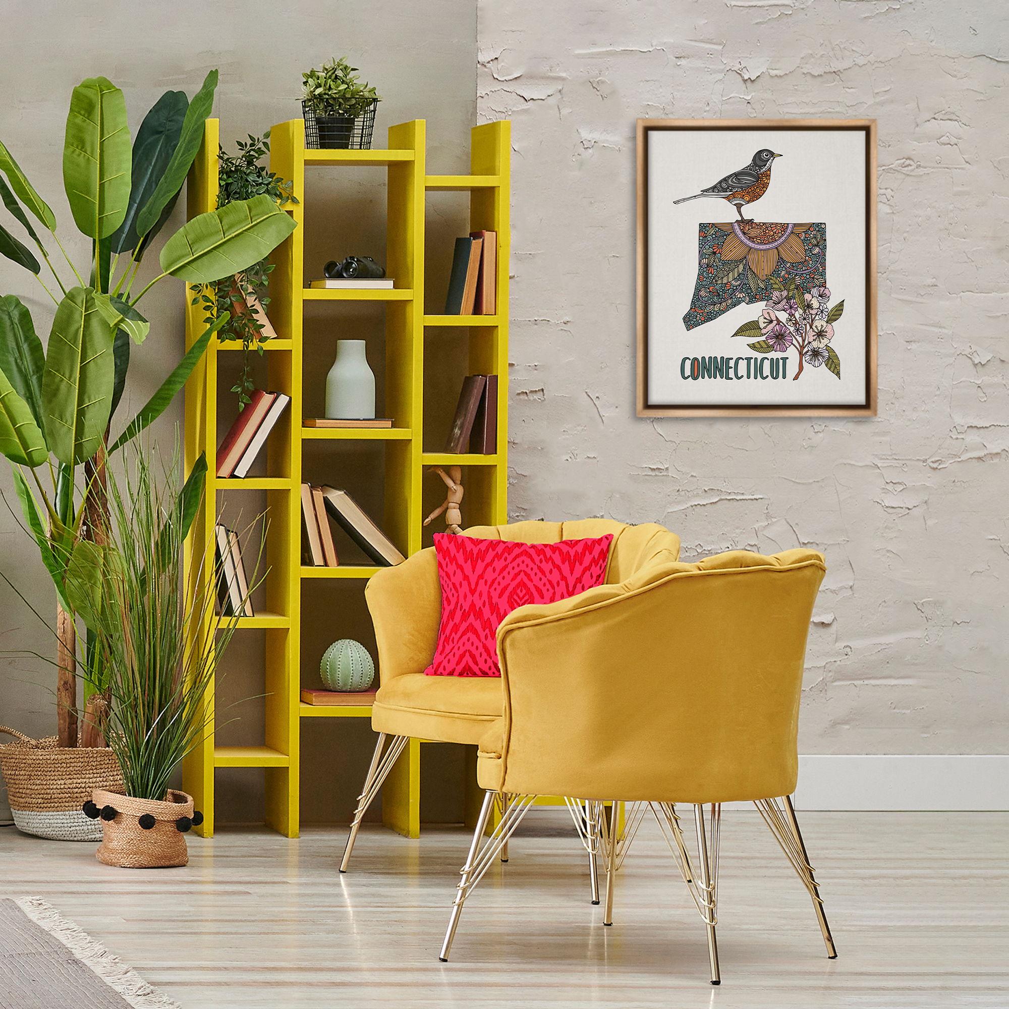 Stupell Industries Floral Connecticut State Botanical & Floral Painting Brown Floater Framed Art Print Wall Art, 17 x 21