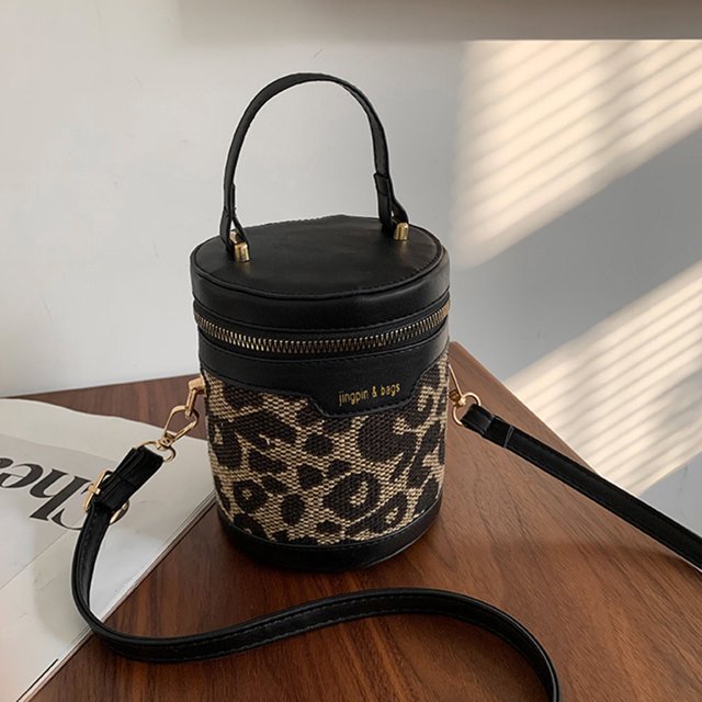 Bolsa estampado de mujer Mini de cubo cilíndrico de invierno (leopardo negro) Likrtyny Para Estrenar