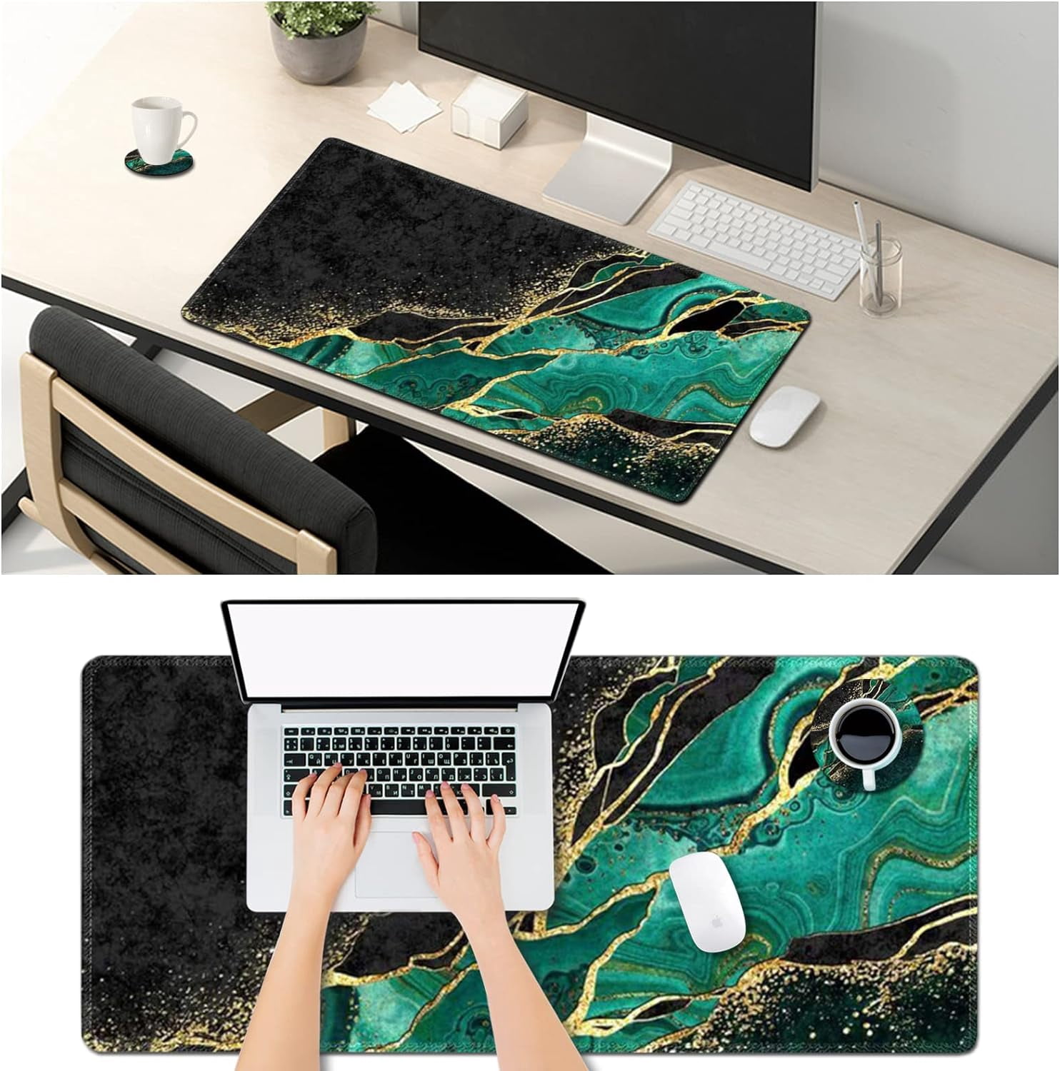 Large Gaming Mouse Pad Extended Desk Pad XL Keyboard Mat Long Mousepad Decor Writing Pad 31.5x11.8inch Non Slip Rubber Base with Stitched Edges for Work, Game -Emerald Marble