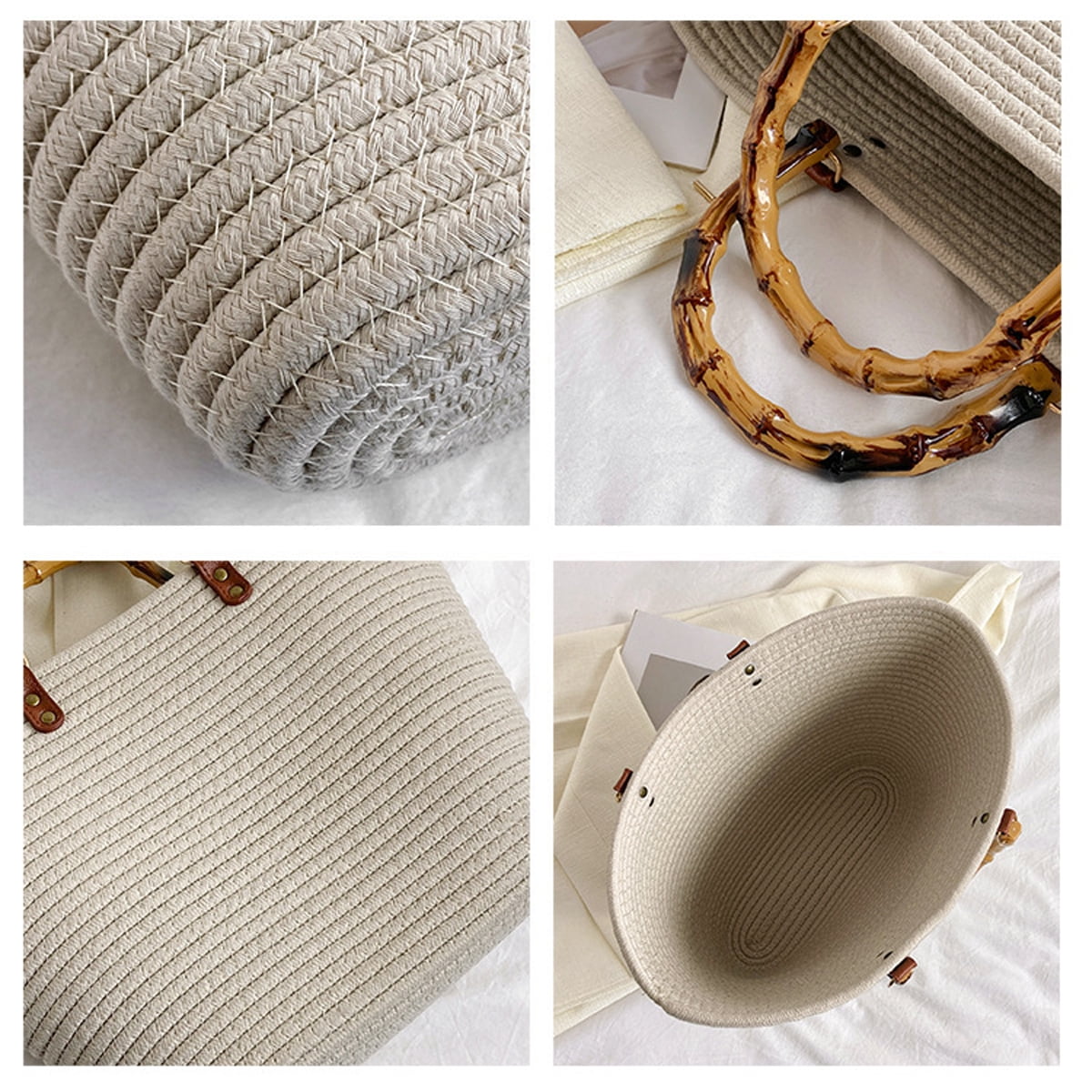 Women Straw Large Tote Bag Retro Bamboo Handle Strip Beach Handbag Summer Woven Handmade Elegant Travel Purse - khaki
