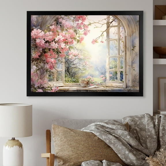 Designart "Gazing through Country Window at Pink Blossoms I" Floral Framed Wall Art Decor - Traditional Pink Window Hallway Framed Wall Art Decor