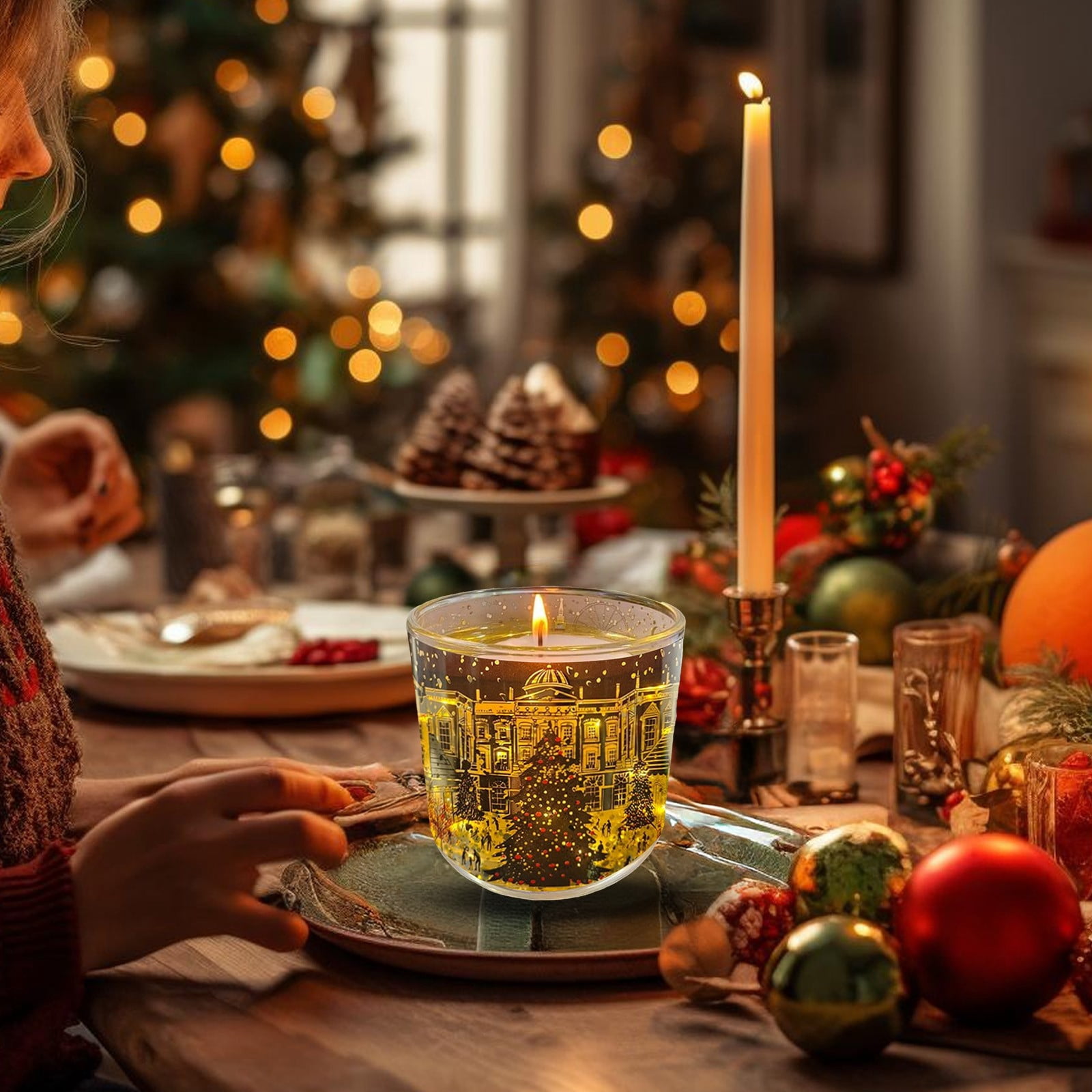 Hometravel Christmas Scented Candle Gift, Glass Jar with Light Sensor and Heat Reactive Wax, London Street Design for Home, Xmas Tree, Women's Present