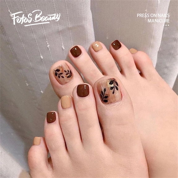 Fofosbeauty 24PCS Summer Hot Press on Short Toe Nails Square Fake Nails for Girls Women, Gold Foil Smudged Maple Leaves