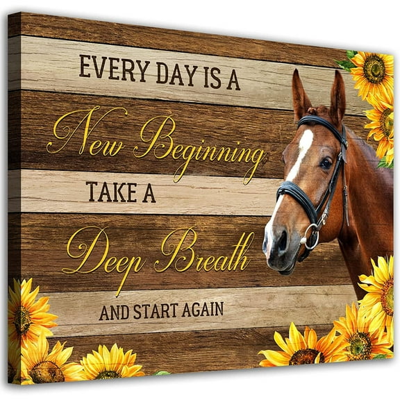 Inspirational Canvas Wall Art Horse Wall Decor Every Day is A New Beginning Sunflower Canvas Pictures Brown Wooden Board Modern Artwork for Living Room Bedroom Home Decor Ready to Hang 12" x 16"