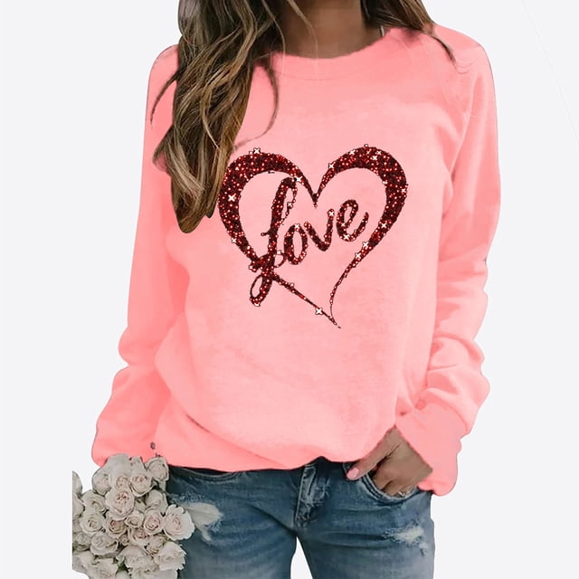 Meichang Womens Long Sleeve Spring Tops Valentines Day Shirts Cute Tops Heart Print Womens Tops Crew Neck Spring T Shirts