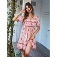 thumbnail image 6 of Women Casual- Summer Dress Boho V Neck Short Sleeve Babydoll Floral Print Flowy Beach Dress Pink M, 6 of 8