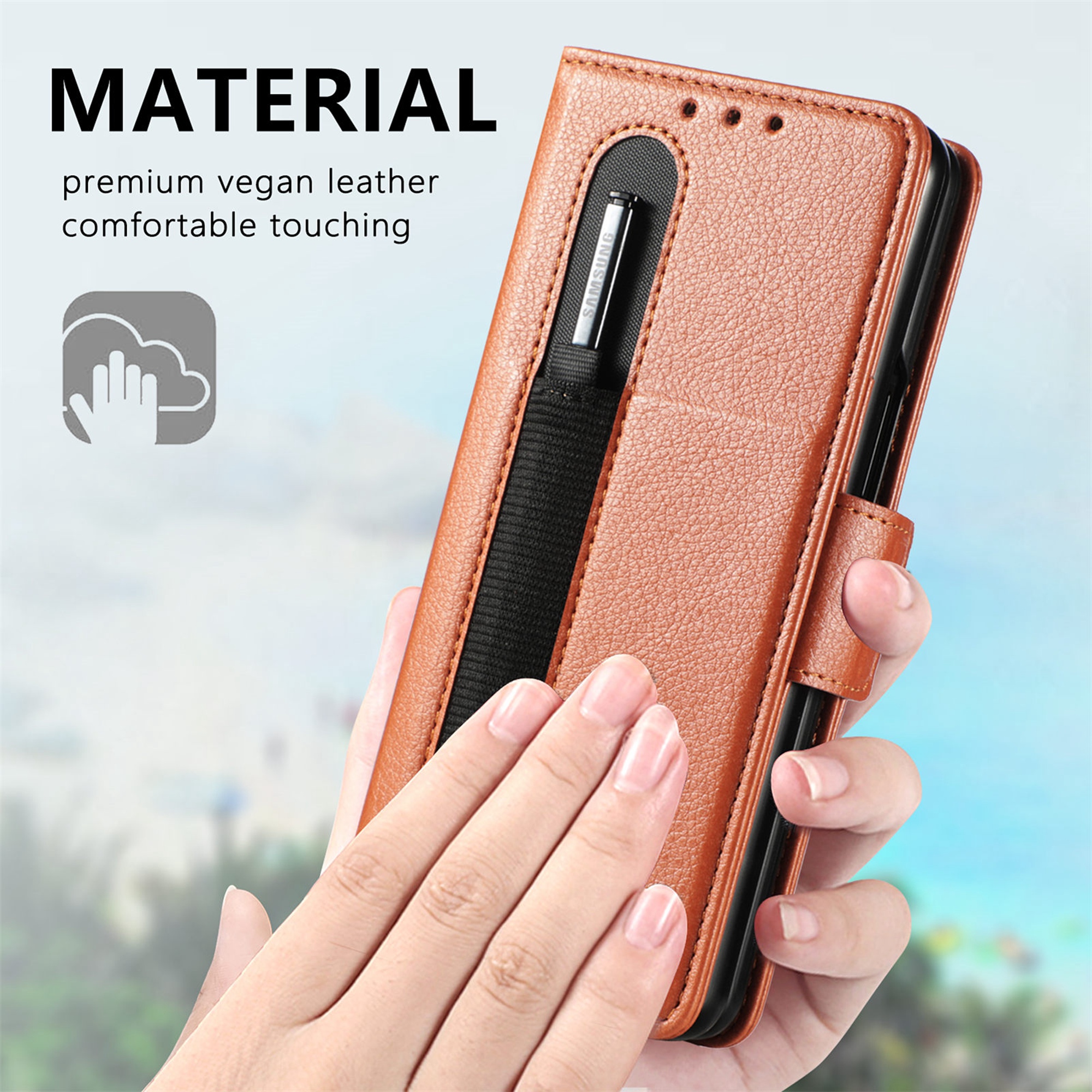 Wish For Samsung Galaxy Z Fold 4 Wallet Case with S Pen Holder,PU Leather  Zipper Case with Magnetic Closure Card Holder and Wrist strap S734 