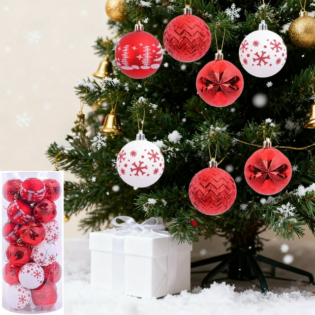 Juego de 24 adornos navideños | Bolas y colgantes de plástico para árbol de Navidad | Caja de regalo con decoraciones colgantes para interiores y exteriores, fiestas navideñas y bodas.
