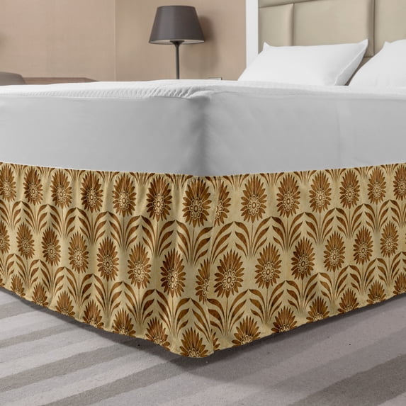 Retro Bed Skirt, Art Deco Inspired Primitive Pattern of Repeating Flowers with Faded Effect, Elastic Bedskirt Dust Ruffle Wrap Around for Bedding Decor, 4 Sizes, Beige and Caramel, by Ambesonne