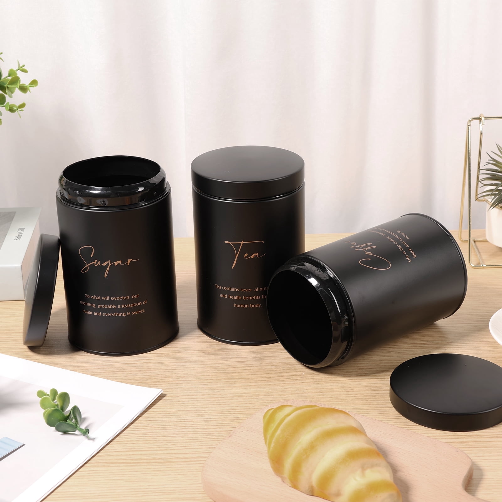 FUYGRCJ 3 Piece Black Canisters Sets for Kitchen, Airtight Sugar Tea Coffee Canister Set, Storage Jars for Coffee Container, Tea Organizer & Sugar Canister, Black Kitchen Canisters